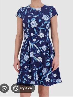 DKNY Navy Blue Floral Fit & Flare Dress Size 2 NWT Cap Sleeve Knee Length